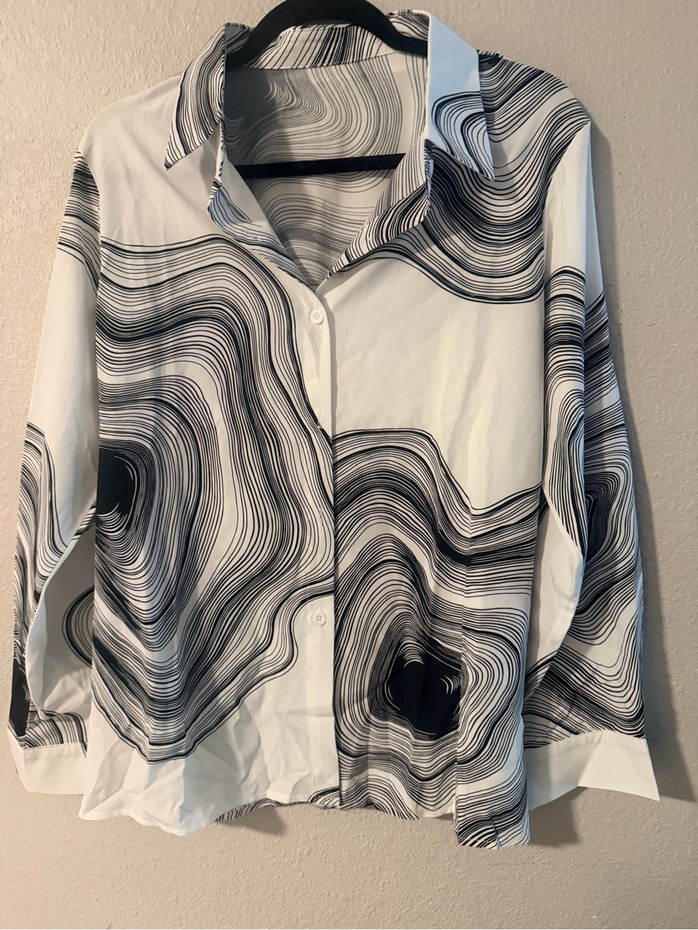 Women’s Abstract White Button-Up Shirt with Black Swirl Print
